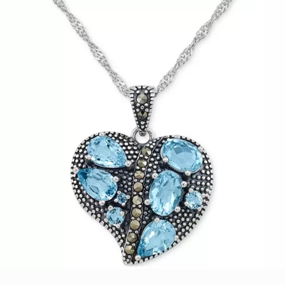 Blue Topaz (2-1/10 ct. t.w.) & Marcasite Heart Cluster 18" Pendant Necklace in S